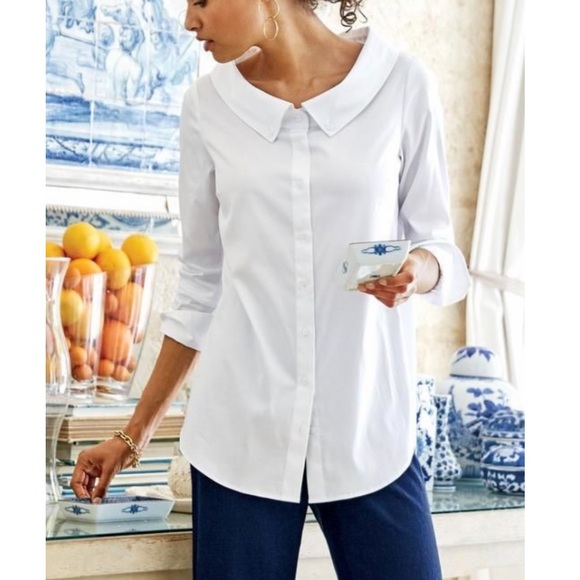 Soft Surroundings Tops - Soft Surroundings White Leighton Open Neck Pleated Back Button Up Shirt Size PM